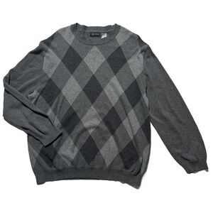 Mens XL Gray Argyle Pullover Sweater 100% Cotton Preppy Academia Office Casual